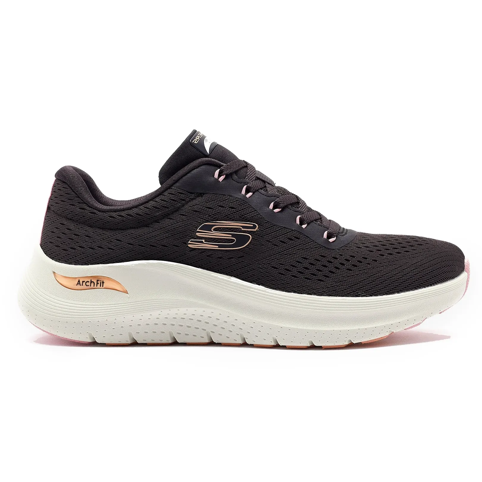 Tênis casual feminino Skechers preto com detalhes em rosa, malha respirável e solado branco com borda rosa
